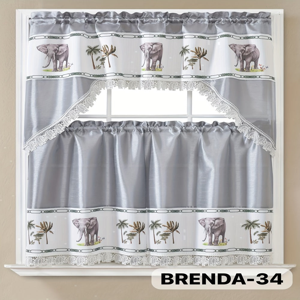 Kitchen Curtains 3 Piece Set Embroidered Satin Valance and Tiers - Rod Pocket Light Filtering Machine Washable 46 Colors Available All Season Home Decor