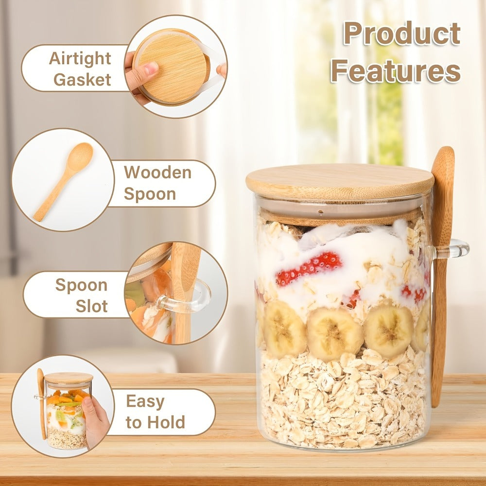 Overnight Oats Jars with Bamboo Lids & Spoons, 500ml Glass Meal Prep Containers ¡ª Dessert Bowl Set for Chia Pudding, Salad, Cereal, Yogurt & Sourdough Starter | 4 or 6 Pack