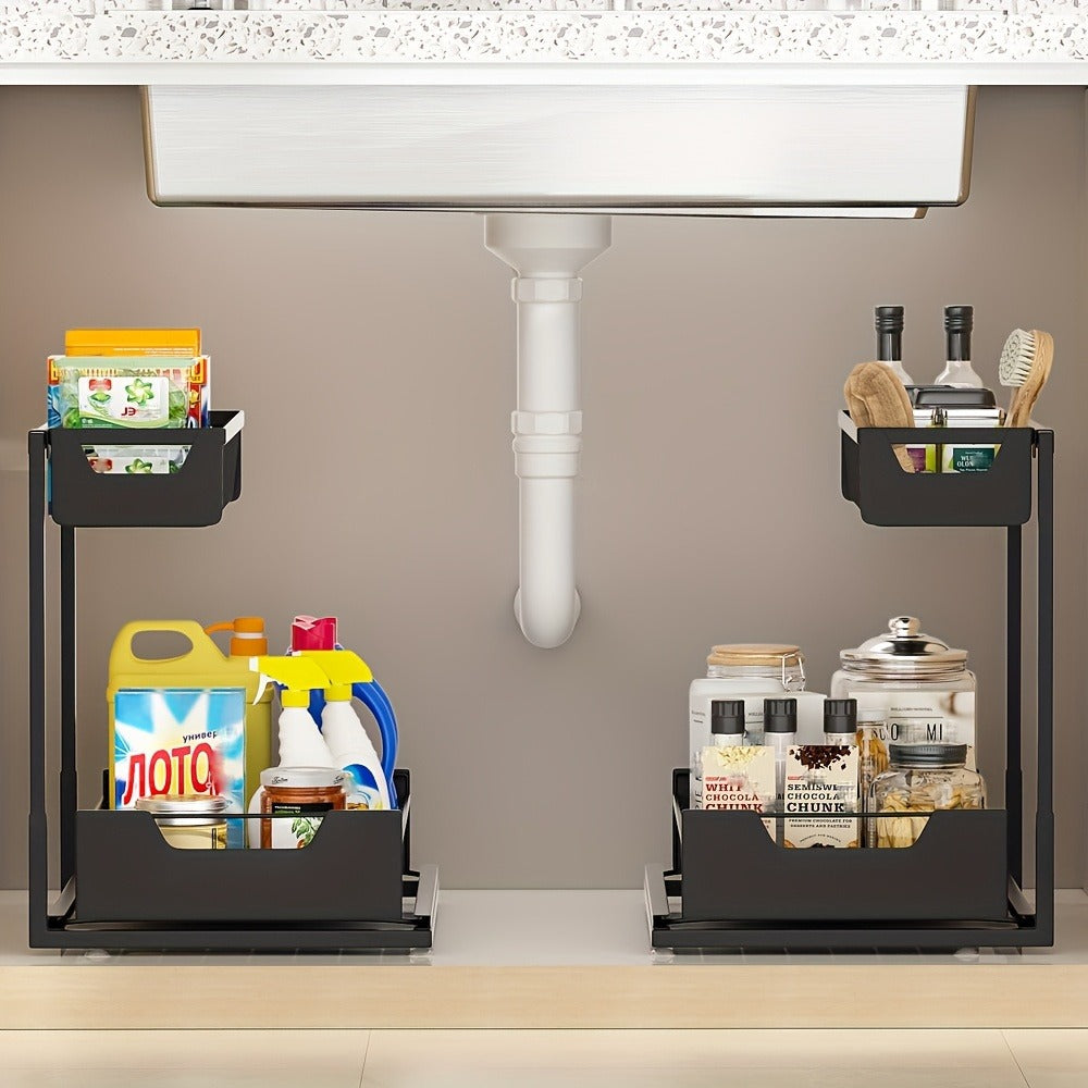 Under Sink Organizer 2-Tier Sliding Pull-Out Metal Rack Cabinet Storage for Kitchen Bathroom Refrigerator Adjustable Shelf Organizer in Black White Gray