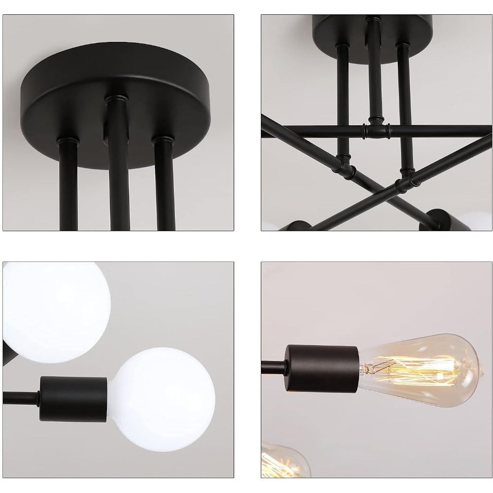 Sputnik Chandelier 6-Light Black Industrial Ceiling Light Fixture Semi Flush Mount for Bedroom Dining Room Living Room Kitchen