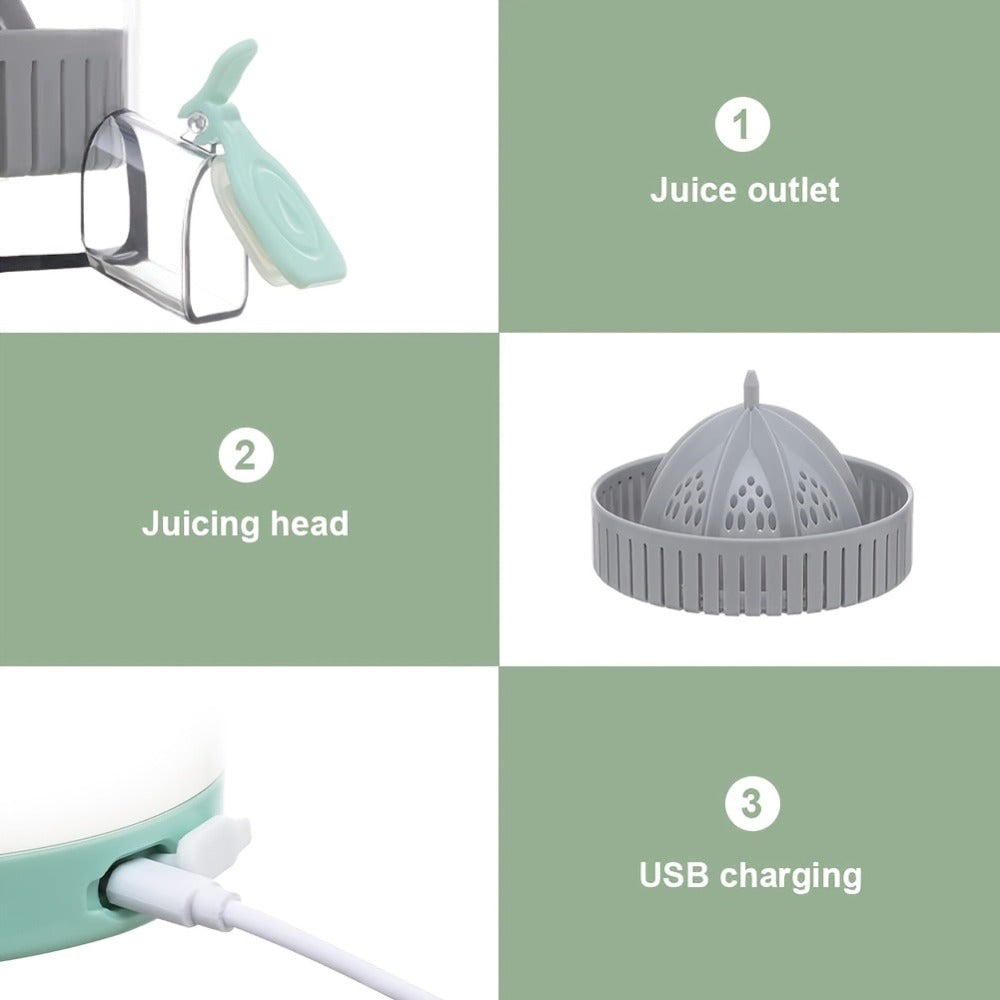 Rechargeable USB Electric Citrus Juicer Portable Citrus Press for Oranges Lemons Grapefruit Kiwi Removable Parts Pulp Separation Compact Juice Maker for Travel Home Green