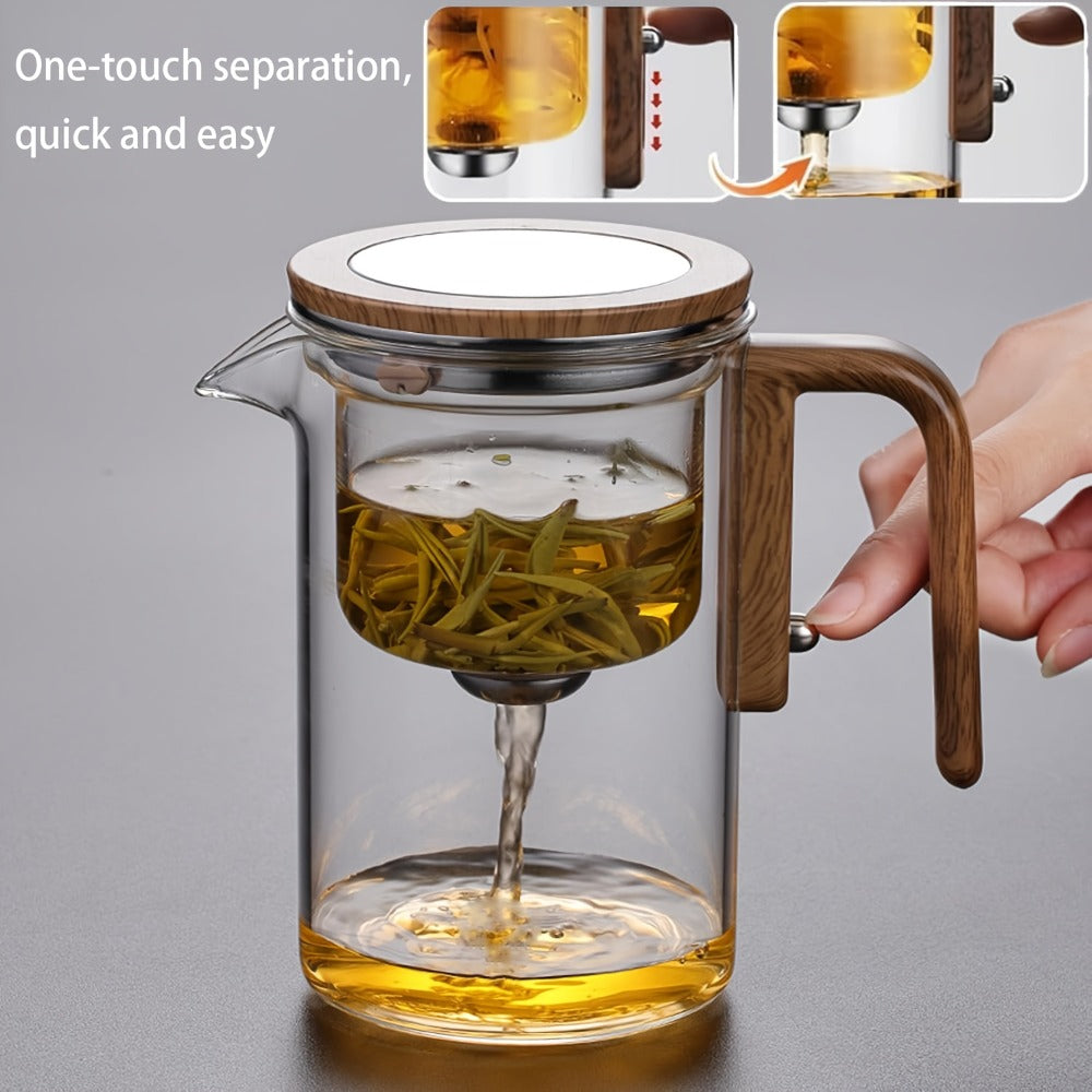 Glass Teapot with Infuser & Wooden Handle ¨C Borosilicate Tea Kettle, One-Button Tea-Water Separation, Drip-Free Spout, 27oz for Loose Leaf & Blooming Tea, Holiday Gift for Men & Women