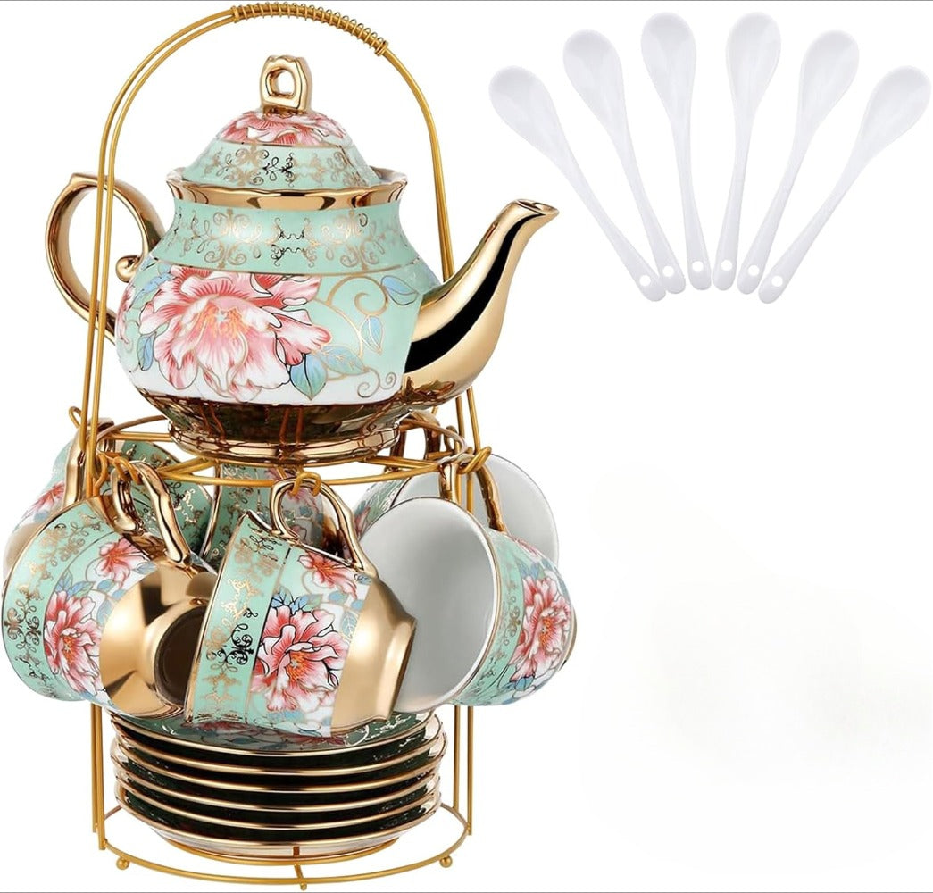 20-Piece Floral Ceramic Tea Set with Saucers & Metal Stand | European Afternoon Tea Service, Blooming Design, Complete Tea Accessories, Gift for Tea Lovers