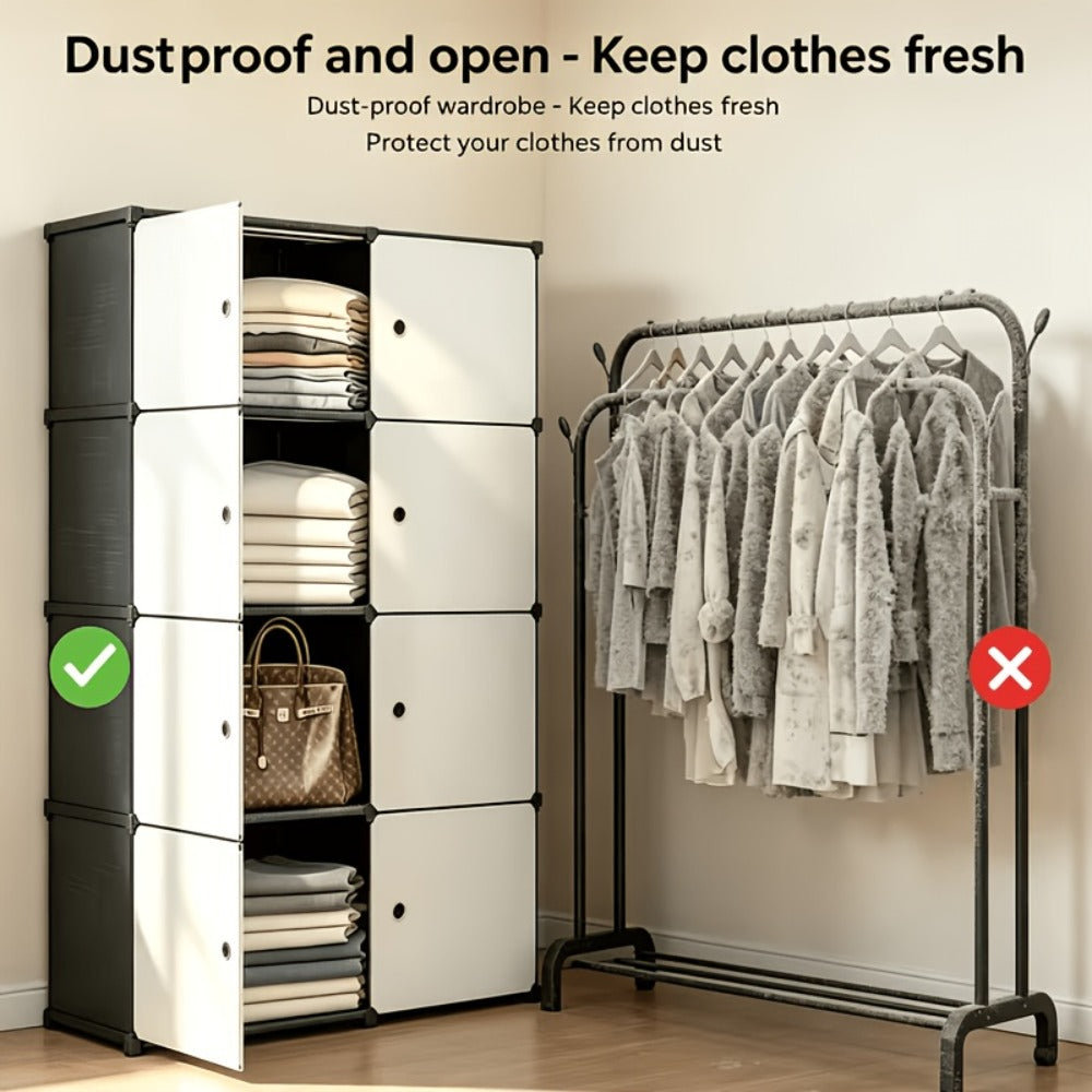 Modular Storage Cabinet with Magnetic Door, 3-Tier & 4-Tier Closet Organizer, Large Capacity Wardrobe Storage Unit, Dust-Proof Odor-Free Stackable Shelves, Easy Assembly for Bedroom Dorm Apartment Living Room