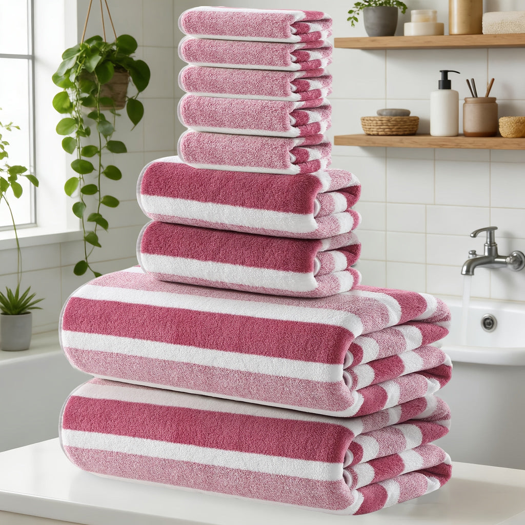 Coral Fleece Towel Set 9 or 15 Piece No Hair Loss 320GSM - Super Soft Absorbent Two-Color Striped | 2 Bath 2 Face 5 Hand Towels | Gray Brown Red Green Blue Mixed | Bathroom Beach Essentials
