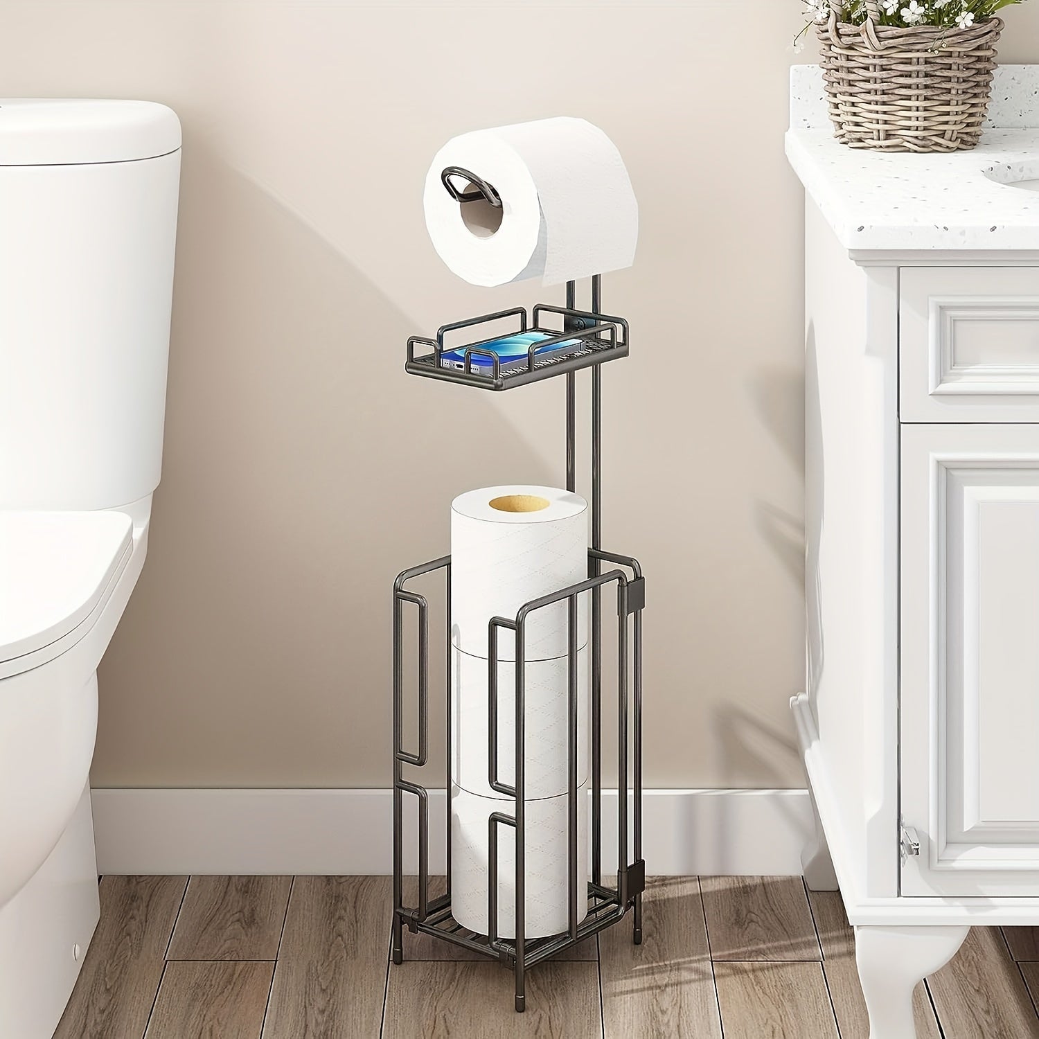 Freestanding Toilet Paper Holder Stainless Steel Stand with 3 Extra Roll Storage Modern Bathroom Organizer