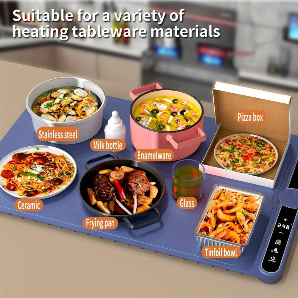 Electric Food Warming Mat with 6 Temperature Levels & 6-Hour Timer ¨C Full Surface Roll-Up Heating Tray for Holiday Parties Buffets Dining Table Keeps Food Warm Blue Beige
