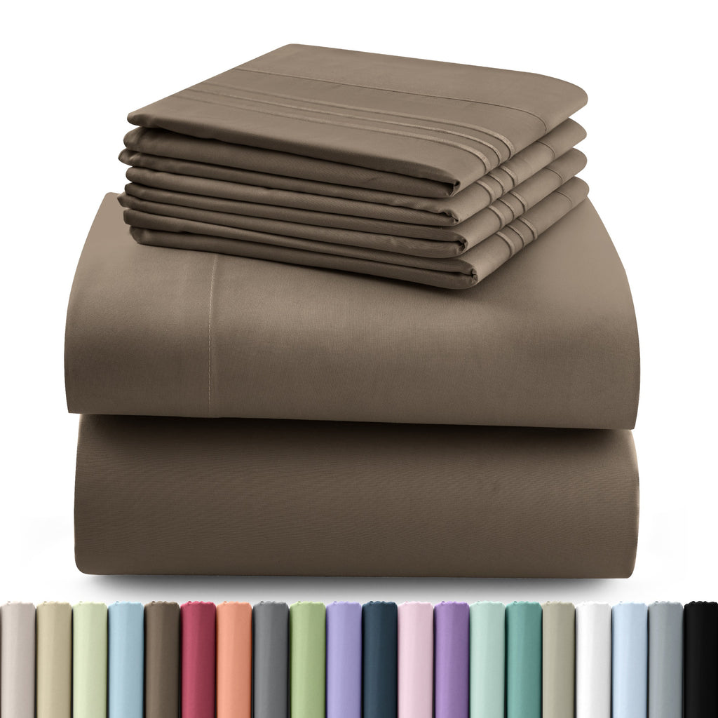 Fitted Sheet Set 6-Piece Brushed Polyester Deep Pocket Bed Sheets 20 Colors Hotel Luxury Soft Bedding with Embroidered Pillowcases