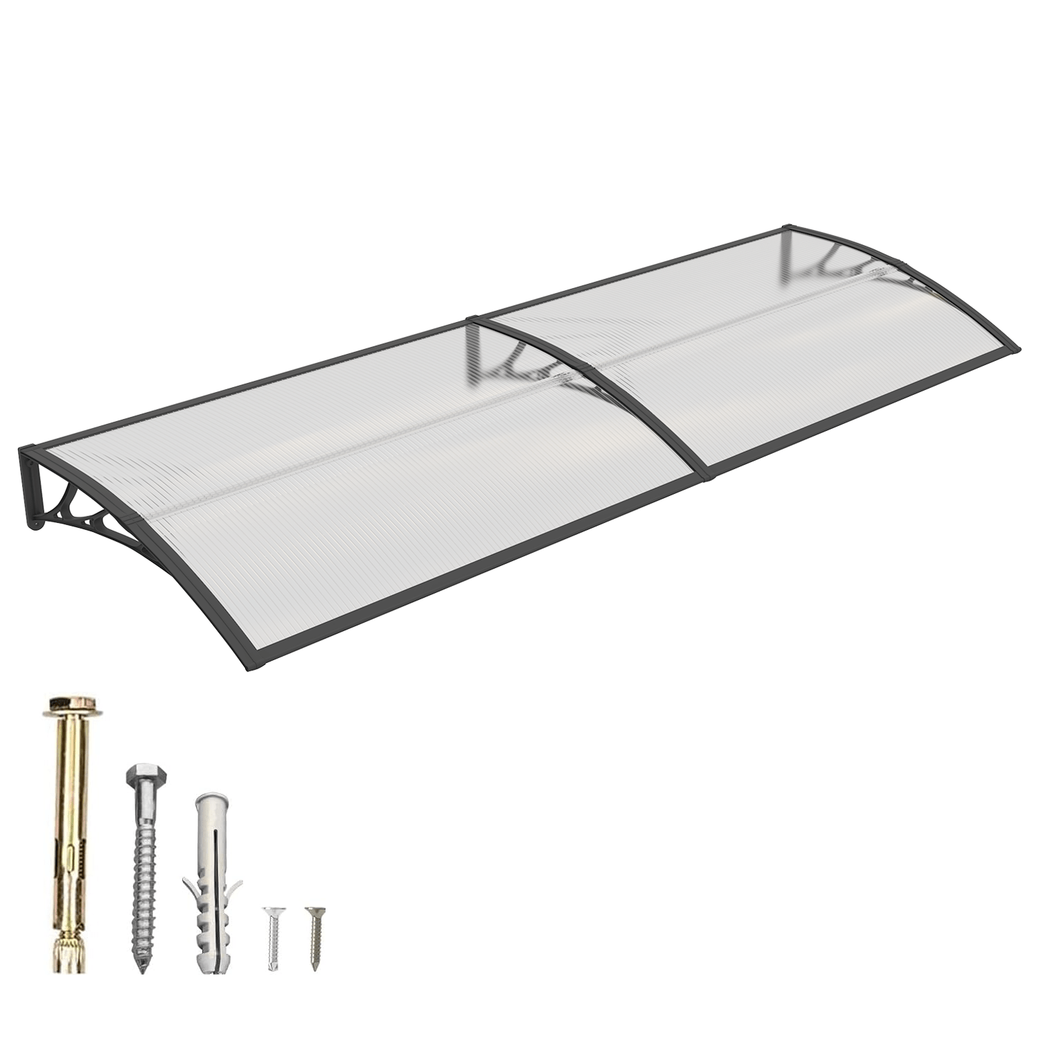 Polycarbonate Window Awning Door Canopy - UV Rain Snow Sun Protection Overhang for Doorways, Patio & Windows, Multiple Sizes, Black/Gray Bracket with Blue/Clear/Brown Board