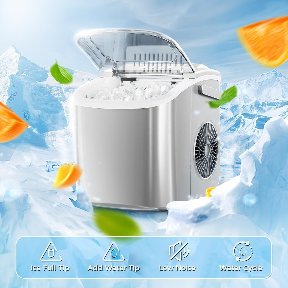 Pebble Ice Maker Countertop ¨C 26 Lbs/24H, 2 Ice Cube Sizes, Sonic Bullet Ice Machine, Auto-Cleaning, Stainless Steel, Ice Scoop & Basket, Optional Descaler Kit for Home, Kitchen, Camping & RV