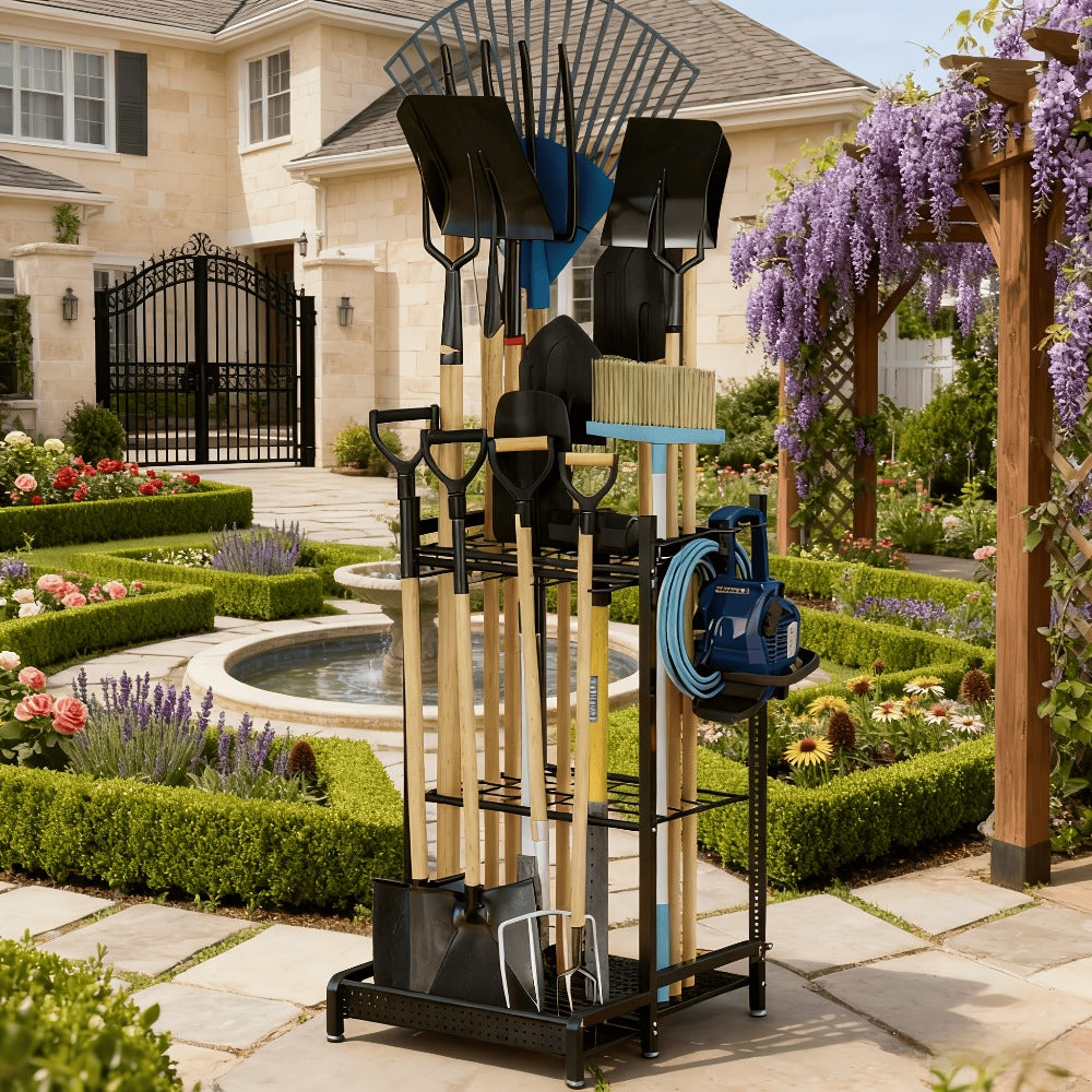 Garden Tool Organizer for Garage ¨C Metal Yard Tool Storage Rack with Hooks & Wheels for Long-Handled Tools, Broom, Shovel, Rake, Mop ¨C Heavy Duty Freestanding Tool Stand Holder, Black