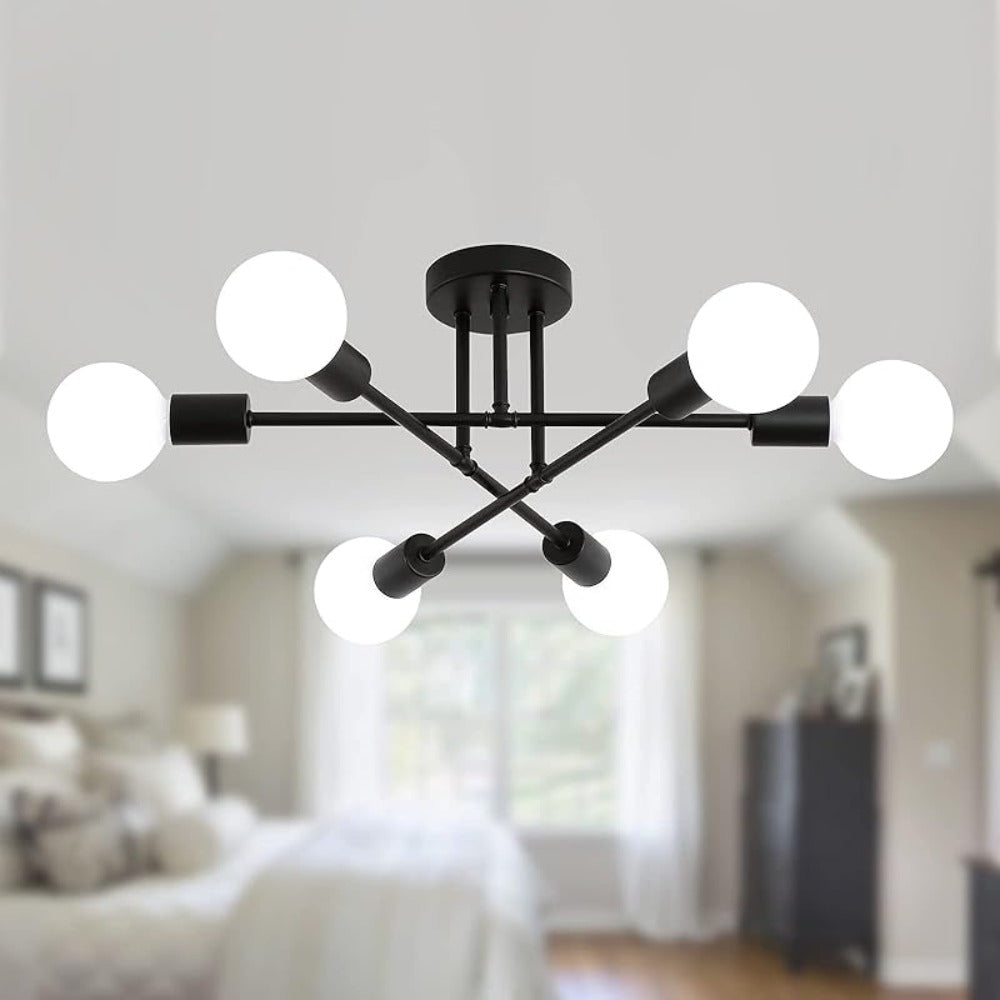 Sputnik Chandelier 6-Light Black Industrial Ceiling Light Fixture Semi Flush Mount for Bedroom Dining Room Living Room Kitchen