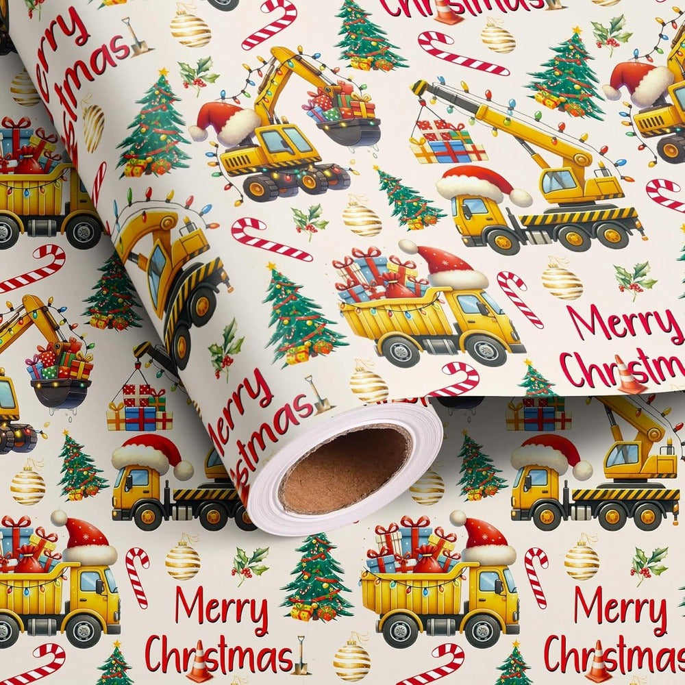Christmas Wrapping Paper Construction Vehicles - Dump Trucks Excavators Tractors Gift Wrap for Boys Girls, 58¡±x23¡± Roll (28.5 Sq Ft)