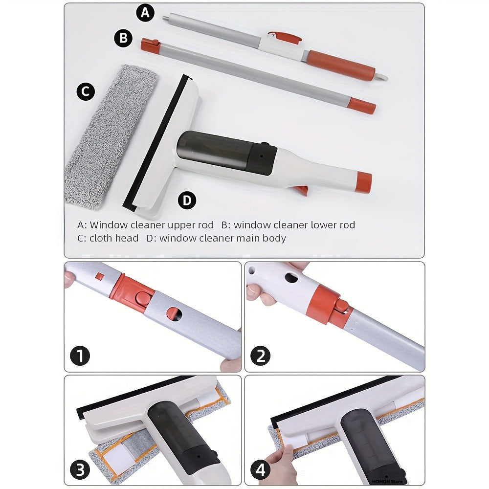 3-in-1 Glass Cleaning Kit with Durable Metal Pole & Scraper, Window Cleaner Tool for High Windows Shower Doors Car Windshields, Home Glass Cleaning Squeegee Set