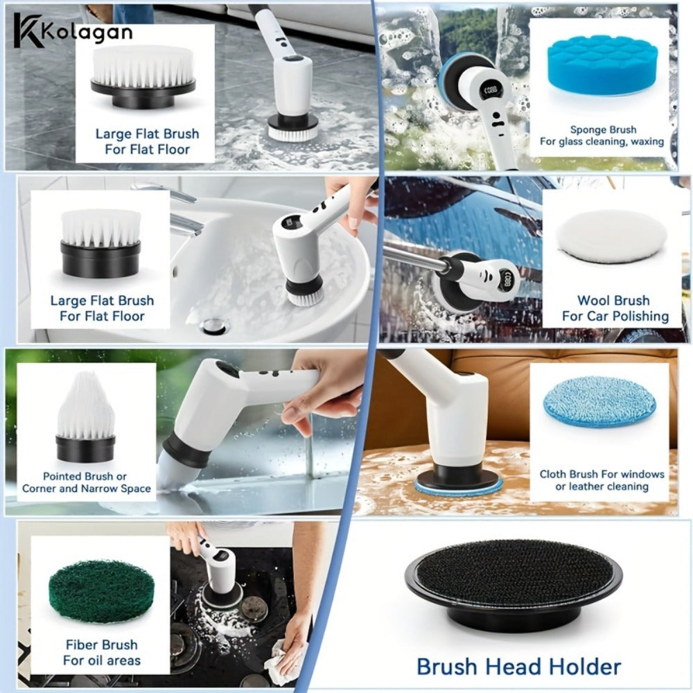 Electric Spin Scrubber 7-in-1 Cordless Rotary Cleaning Brush 7 Interchangeable Heads 3 Speed Settings Adjustable Extension Arm Power Display for Bathroom Shower Tile Grout Kitchen
