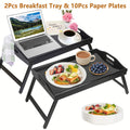 Bamboo Breakfast Tray with Folding Legs & Handles 2 Pack ¨C Extra Wide Foldable Bed Tray Table for Eating, Working & Drawing on Sofa or Bed, Food-Safe Natural Bamboo with 10 Paper Plates