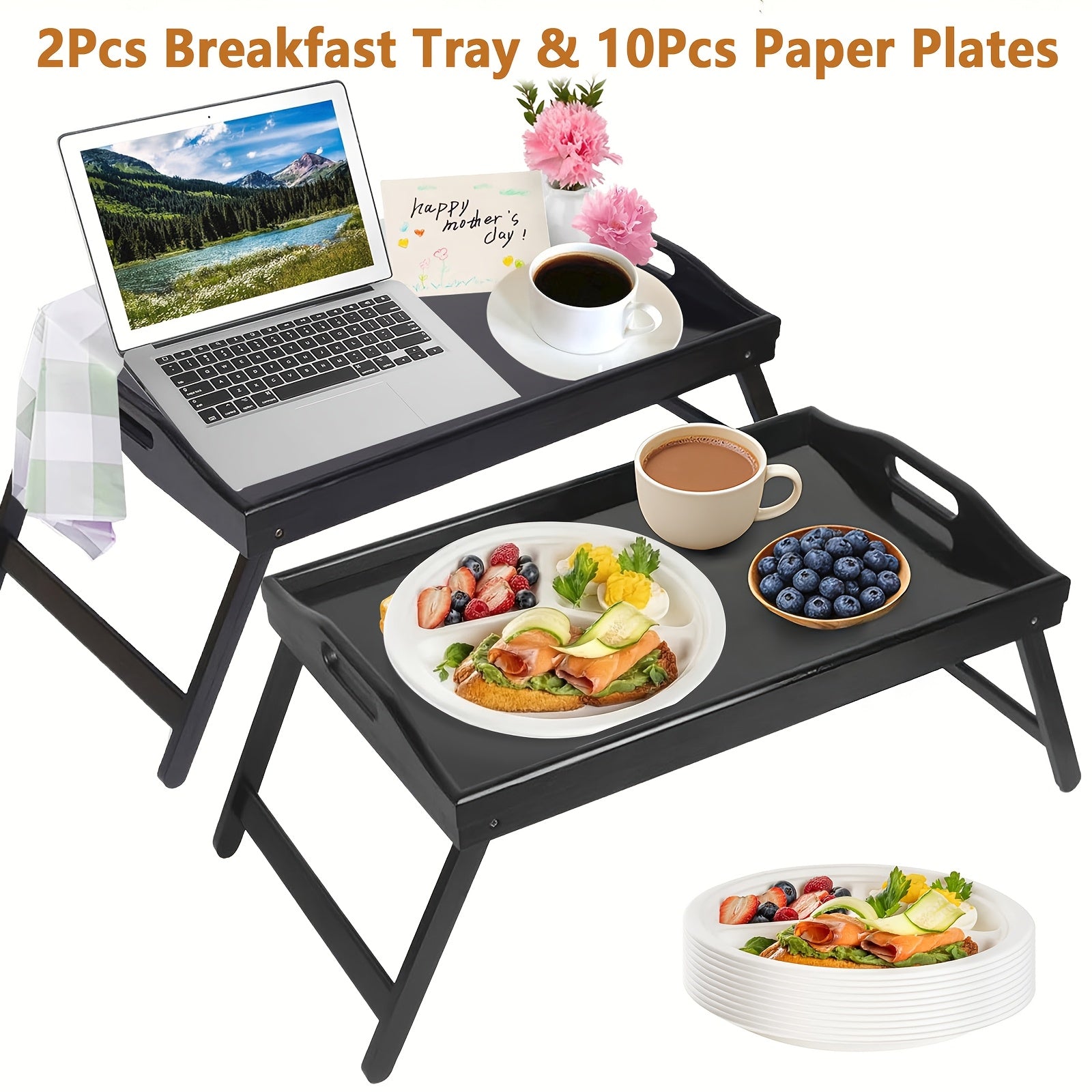 Bamboo Breakfast Tray with Folding Legs & Handles 2 Pack ¨C Extra Wide Foldable Bed Tray Table for Eating, Working & Drawing on Sofa or Bed, Food-Safe Natural Bamboo with 10 Paper Plates