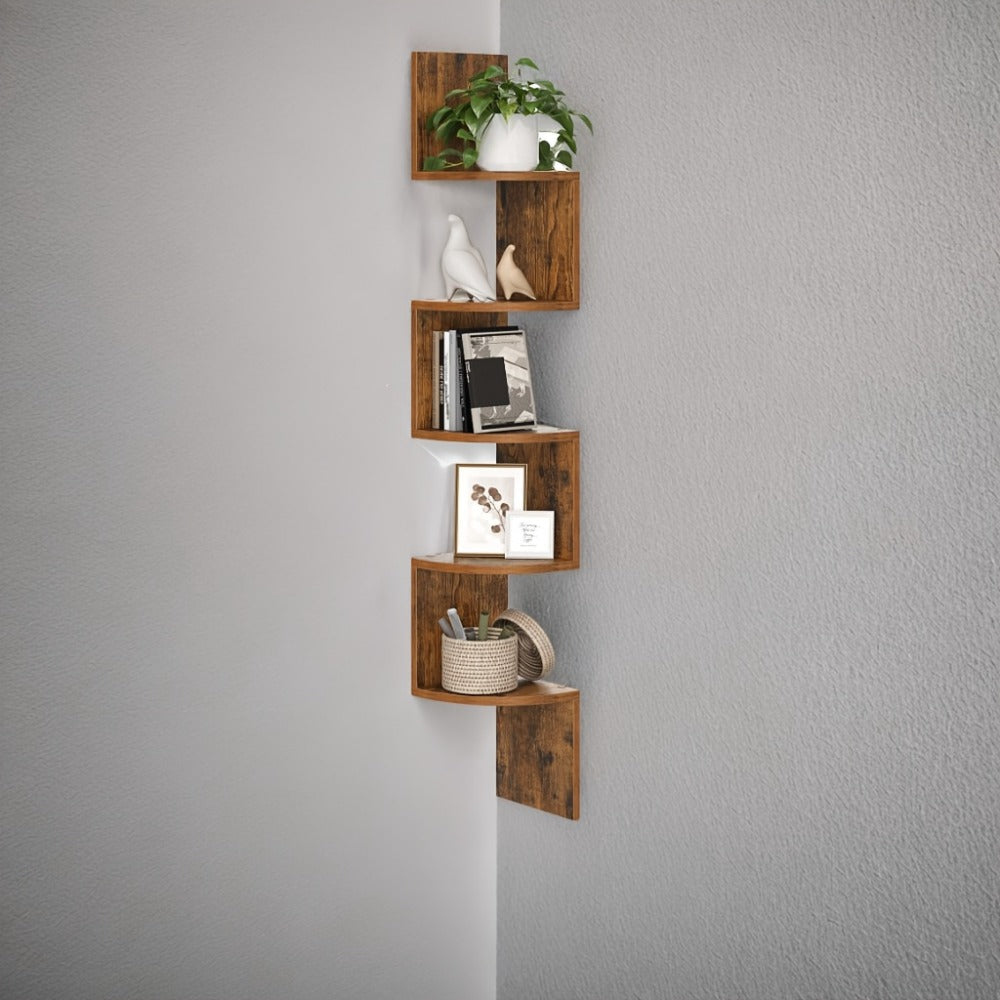 Corner Floating Shelf 5-Tier Wall Mount, Space Saving Storage Rack for Bedroom Living Room, Radial Display Organizer, Easy Install, 7.9¡±¡Á7.9¡±¡Á49.6¡±, Black White Brown Greige Beige