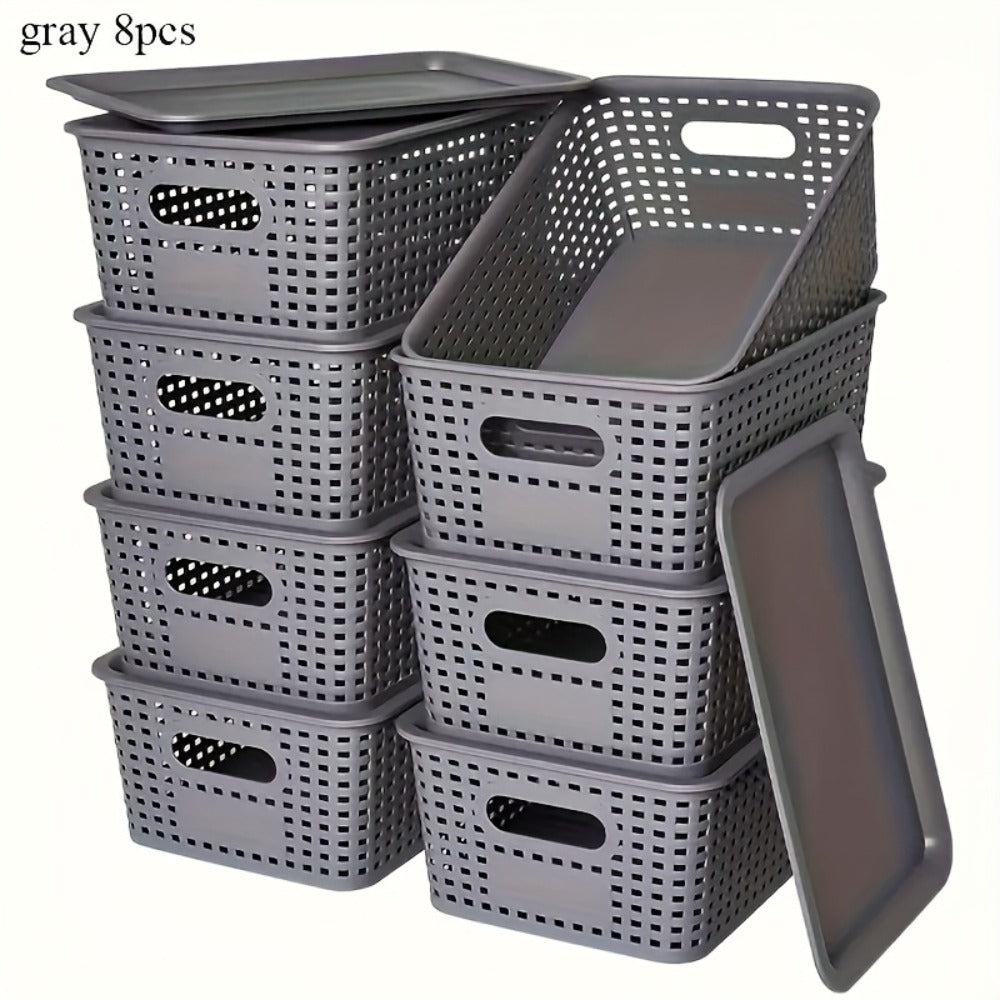 Storage Basket Set with Lids 8pcs ¨C Plastic Desktop Organizer Bins for Document Storage, Shelf Organization & Home Office ¨C Flip-Top Lid Baskets, White