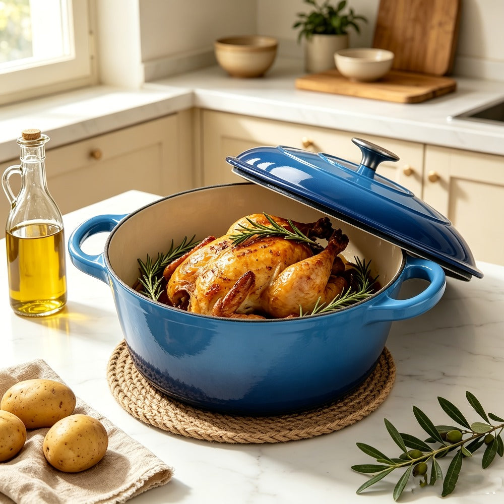 Enameled Cast Iron Dutch Oven with Lid & Dual Handles, Non-Stick Enamel Coated Heavy Duty Cookware for Bread Baking, Braising & Slow Cooking, Superior Heat Retention, Orange, Red & Blue