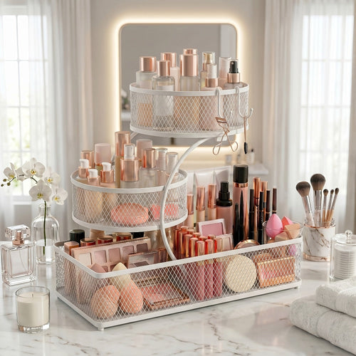 Bathroom Storage Rack 3-Tier Metal Countertop Organizer with Spray Bottle & Hooks ¨C Rust-Resistant Diamond Mesh Shelf for Vanity, Skincare, Cosmetics & Toiletries