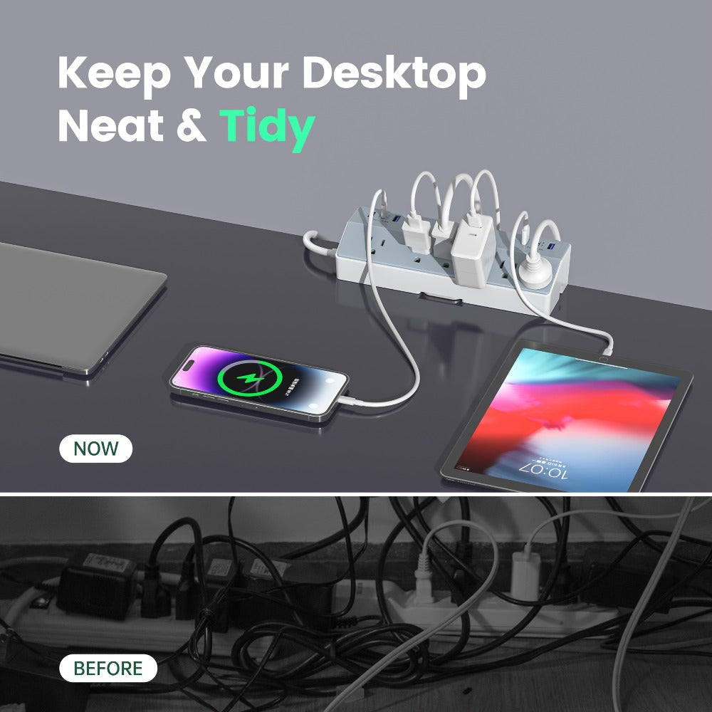 Desk Clamp Power Strip 12-in-1 Surge Protector with 6 Outlets 4 USB-A 2 USB-C PD 20W 40W Fast Charging Desktop Mount Flat Plug for Home Office Tabletop