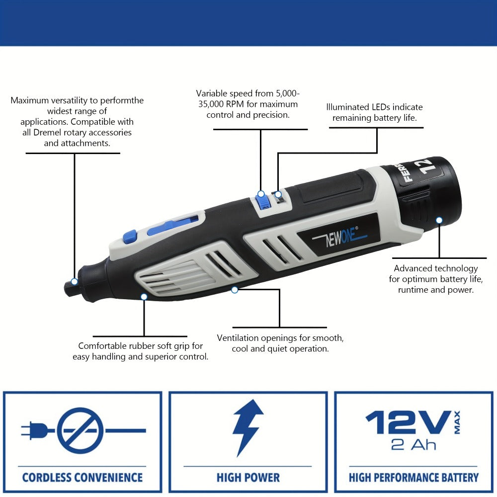 Cordless Rotary Tool Kit 12V with 48pcs Accessories, 6 Variable Speeds, 2.0Ah Rechargeable Battery for Sanding Polishing Carving Cutting Drilling Engraving Crafts DIY Projects