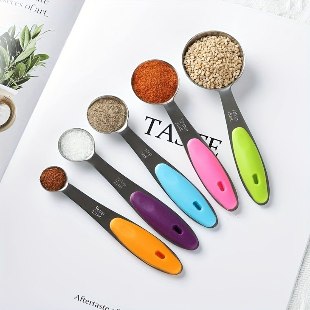 Stainless Steel Measuring Cups and Spoons Set 5pcs with Silicone Handle - Baking & Cooking Kitchen Measurement Tools