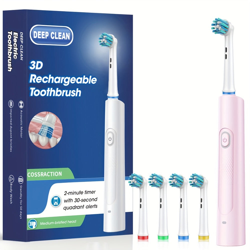 Electric Toothbrush with Smart Timer ¨C Sonic Whitening, 3D Round Soft Bristle Head, IPX67 Waterproof, USB Rechargeable, 4 or 8 Brush Heads, Black White Pink for Adults, Couples & Families