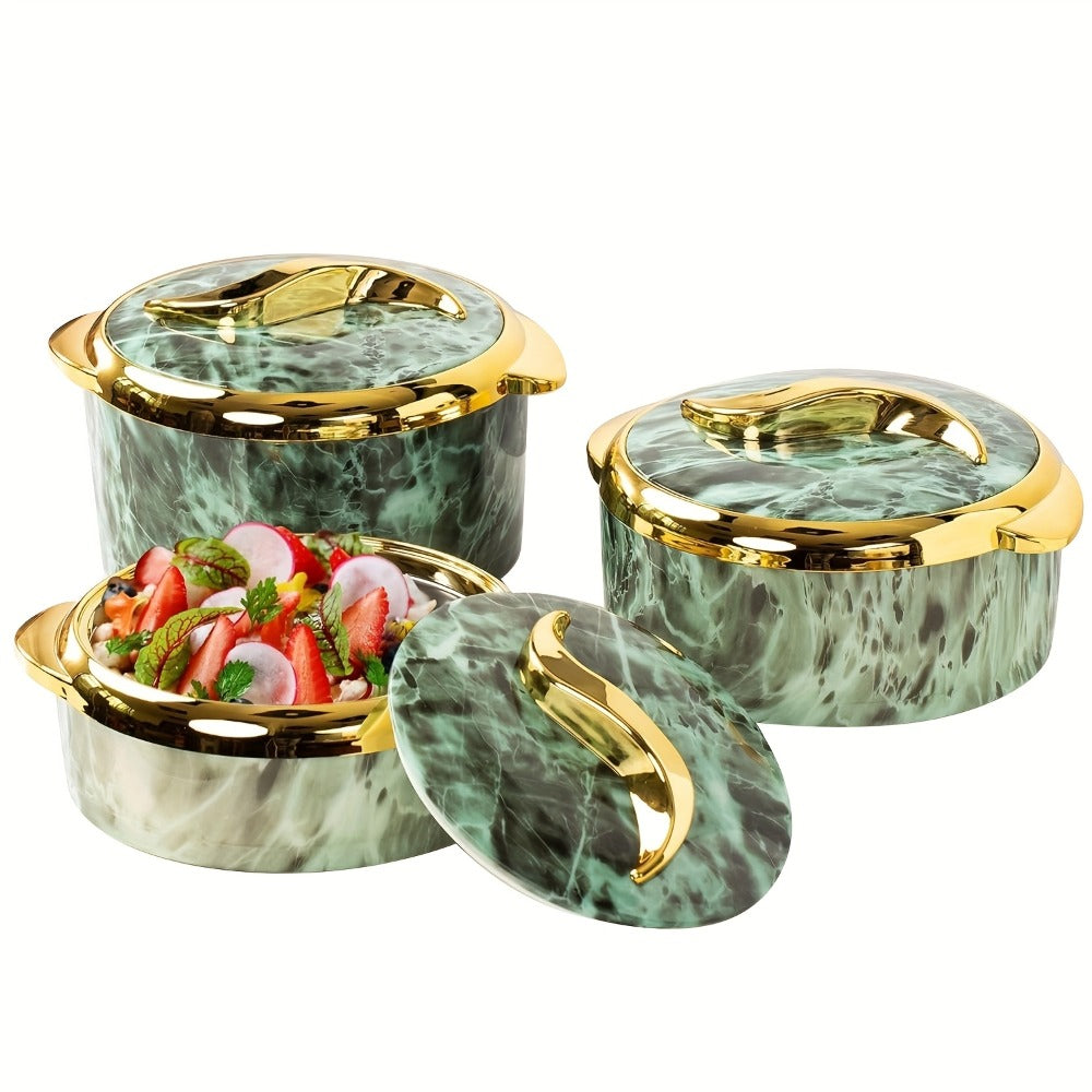 Insulated Casserole Dish Set 3-Piece Thermal Food Warmer with Lids, Stainless Steel Serving Bowls for Hot & Cold Food, Buffet Hotpot Tableware Set for Entertaining Dining Table