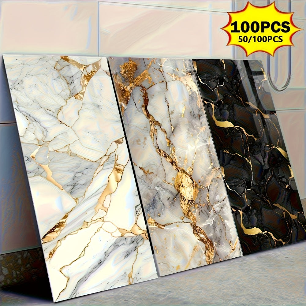 Peel and Stick Marble Tile Stickers ¨C Self Adhesive Foam Wall Tiles for Bathroom Kitchen Office Bohemian Home Decor (50/100pcs, White/Gray/Black/Blue Gold)