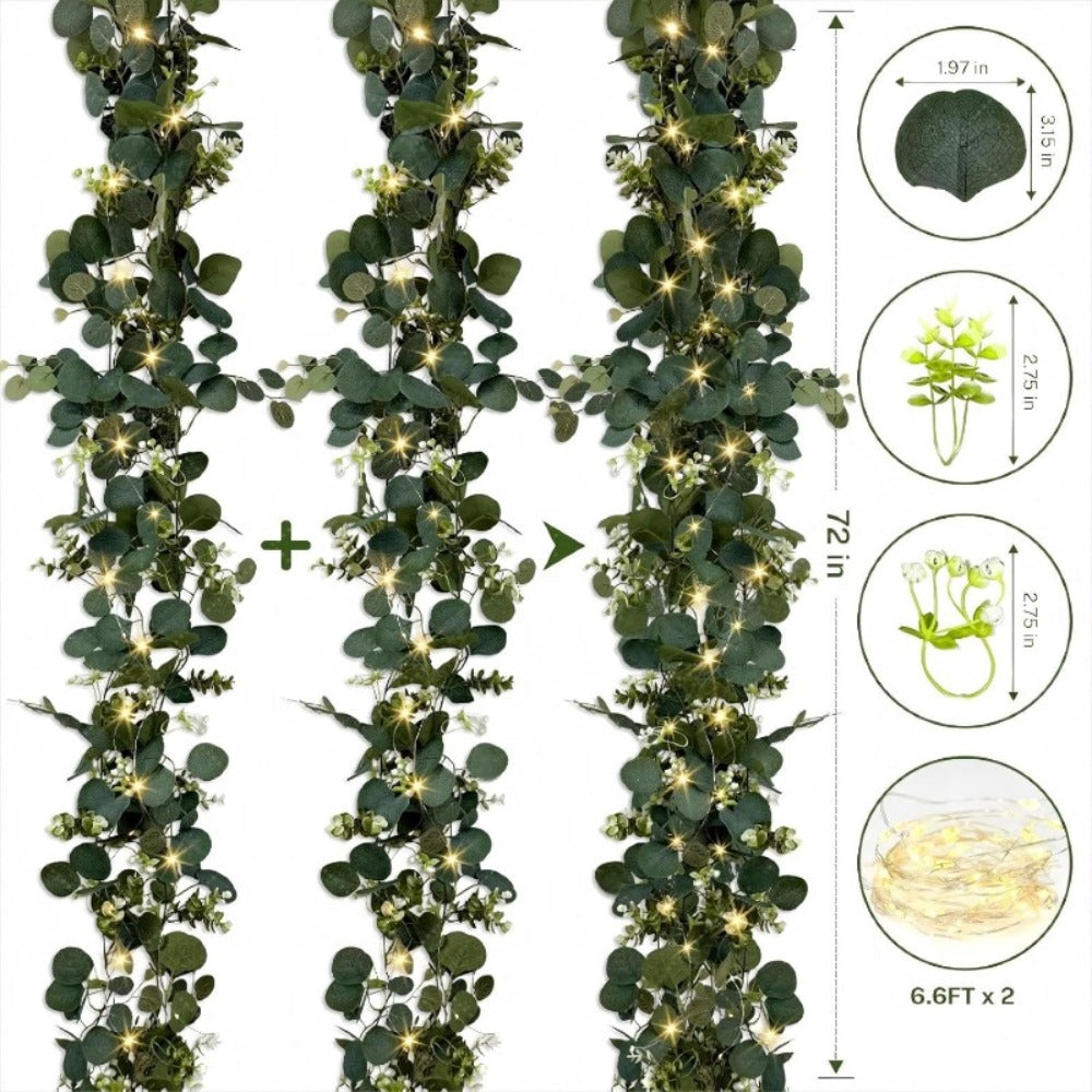 Lighted Eucalyptus Wreath Garland 6FT LED 2 Pack - Artificial Green Vine with Warm Lights for Wedding Centerpiece, Table Runner, Backdrop, Home & Seasonal Decor