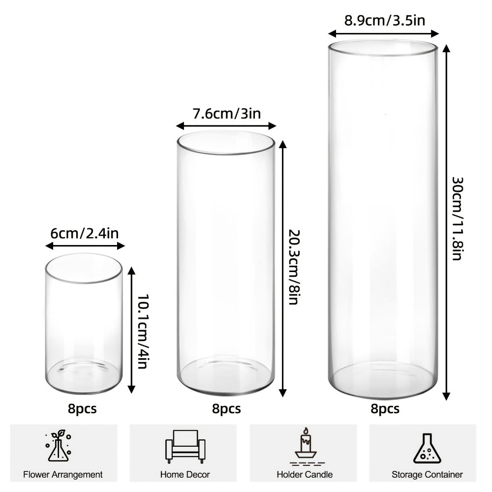 Clear Glass Cylinder Vases 24pcs Bulk Set - 4, 8, 12 Inch Tall Flower Vases for Centerpieces, Hurricane Floating Candle Holder for Wedding Party Table Home Decor, Valentine's Day Gift