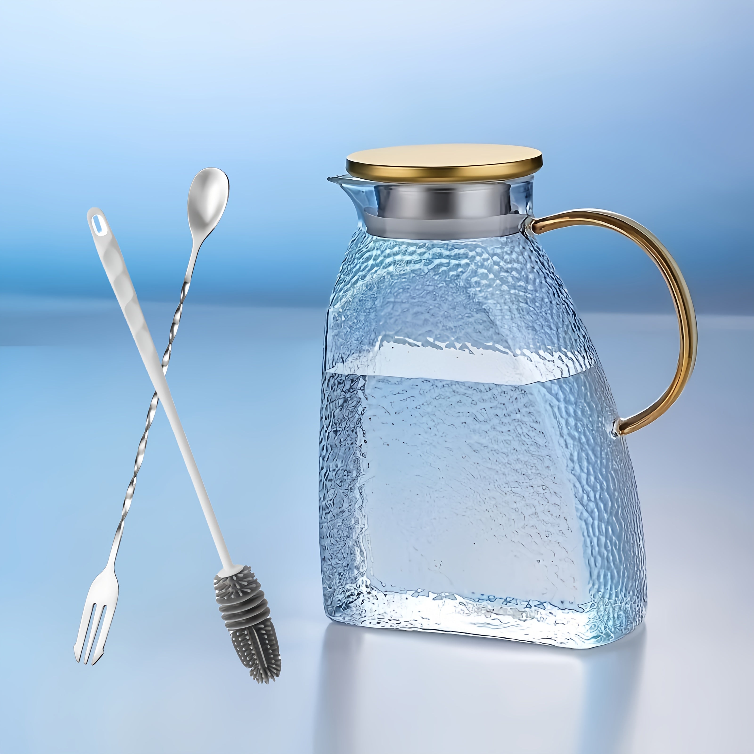 Glass Water Bottle Kettle Set ¨C Heat-Resistant Large Capacity Fridge Door Storage with Cleaning Brush & Long Spoon ¨C Perfect for Iced Tea, Cold Brew Coffee, Juice & Infused Water