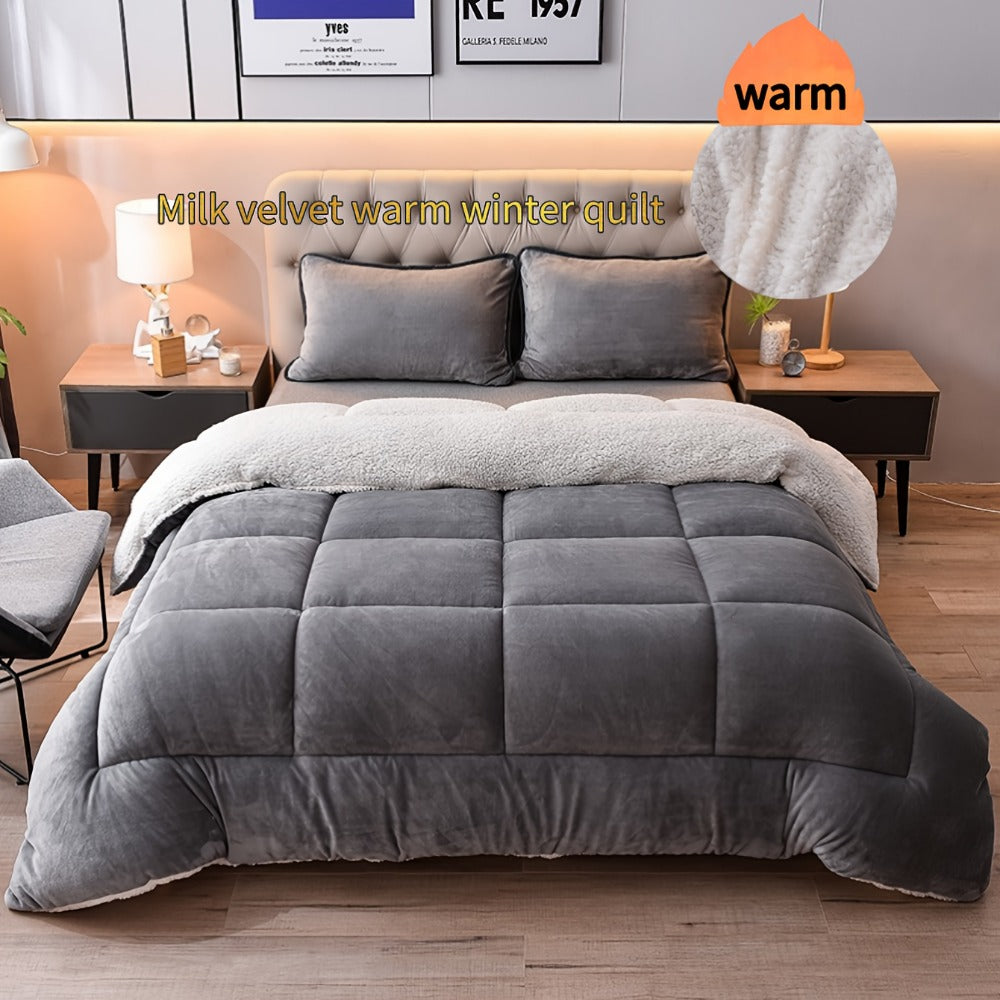 Reversible Milk Velvet Comforter Soft Quilted Blanket 100% Polyester Plush Fleece Bedding All Season Machine Washable for Home Hotel Queen King Size Light Grey Dark Gray