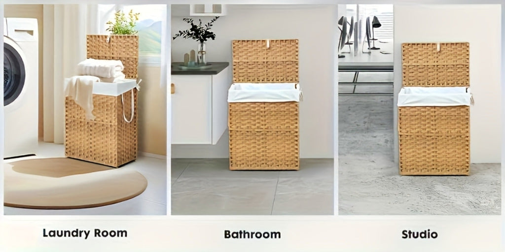 Laundry Basket with Lid - Large Foldable Rattan Hamper with Removable Washable Liner, Sturdy Steel Frame, for Bathroom Bedroom, Goose Yellow or Dove Gray