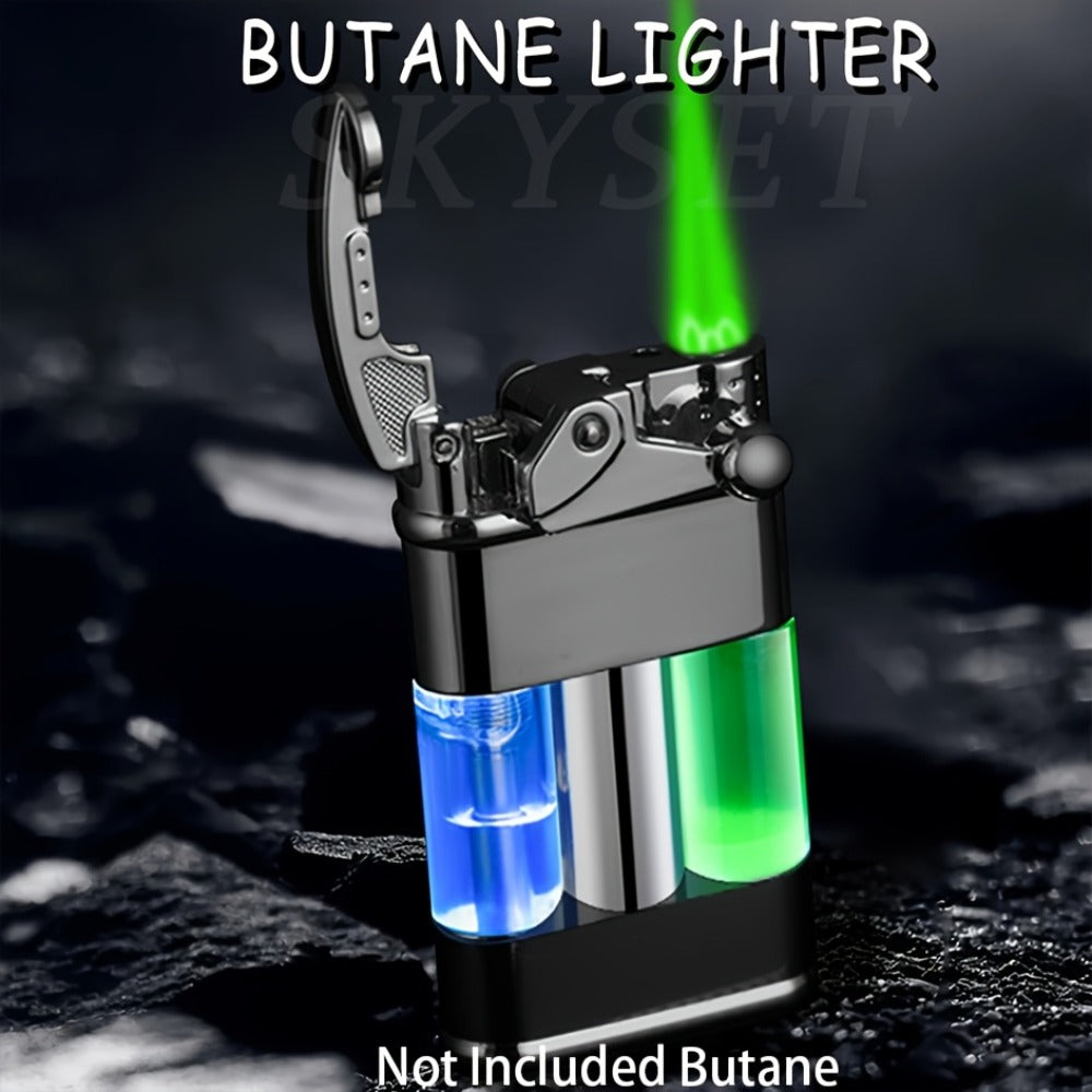 Green Flame Metal Lighter Windproof ¨C Refillable Butane Gas Lighter with Adjustable Flame, Fuel Window & Rocker Arm Ignition, Cool Multifunctional Lighter for Outdoor Camping BBQ Cigars (No Butane)