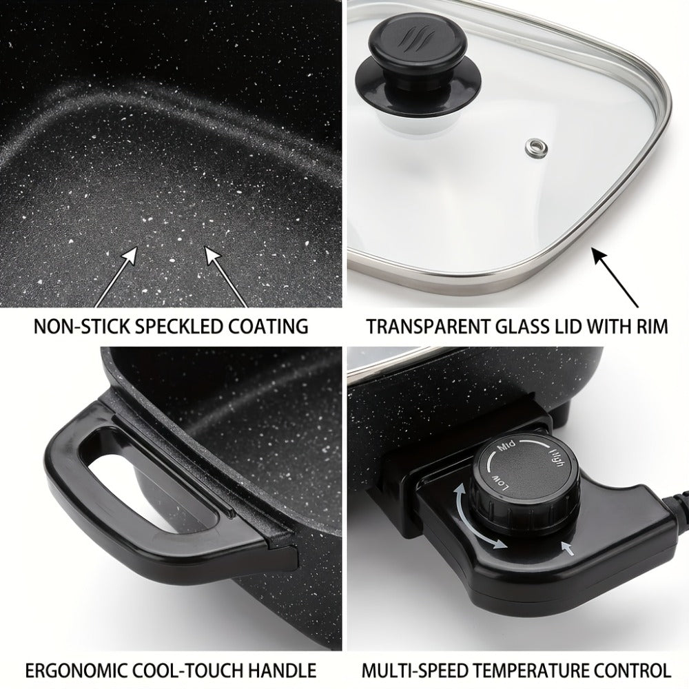 Electric Mini Square Hot Pot 8-Inch Non-Stick Speckled Coating Glass Lid Cool-Touch Handle Multi-Speed Temperature Control Compact Electric Skillet for Cooking Boiling Stewing Small Kitchen Apartment
