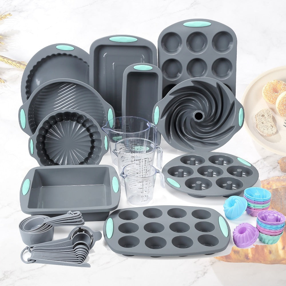 Silicone Bakeware Set with Cake Molds, Muffin Pan, Donut Pan, Baking Sheet, Baking Cups & Measuring Cups Spoons, Complete Nonstick Silicone Baking Set for Oven, 45-Piece 53-Piece or 83-Piece Options