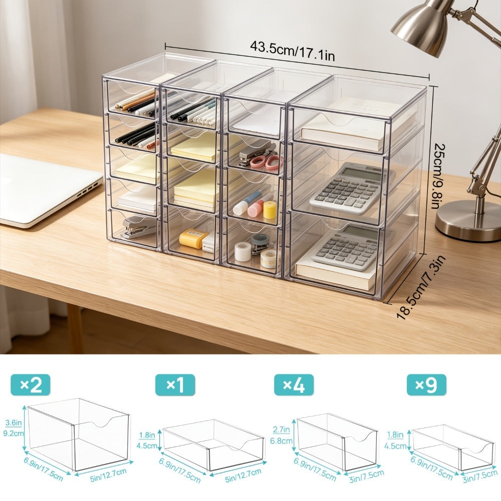 Clear Acrylic Drawer Organizer with 8 or 16 Drawers - Stackable Desktop Storage for Makeup, Jewelry, Office Supplies & Art Crafts, Modular Desk Organizer Set for Home & Office