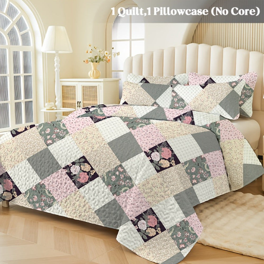 Quilt Set 2 3 Piece Lightweight Floral Patchwork Coverlet Bedding Set with Pillow Shams, Boho Quilted Bedspread for Twin Full Queen King, All Season Soft Cozy Bed Cover Green Blue Pink Grey