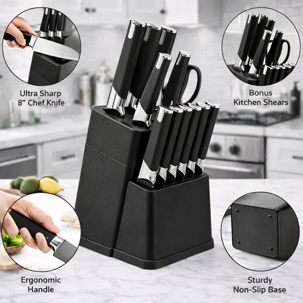 13-Piece Kitchen Knife Set with Block, Chef Bread Steak Knives Scissors Stainless Steel Colorful Cutlery Gift Set with Knife Holder