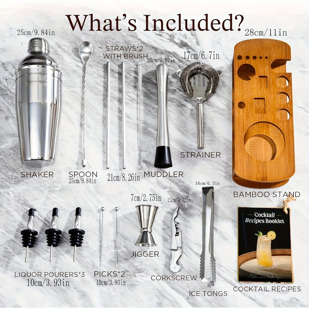 Cocktail Shaker Set Bartender Kit with Stand - 304 Stainless Steel Bar Tools Drink Mixer Set with Martini Shaker Jigger Strainer Mixer Spoon Muddler Liquor Pourers