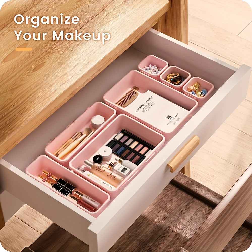 Drawer Organizer Set 24 Pieces Plastic Drawer Dividers Storage Bins for Makeup Bathroom Desk Dresser Kitchen Junk Drawer, Customizable Compartment Organizer Trays for Home Office, Black Pink