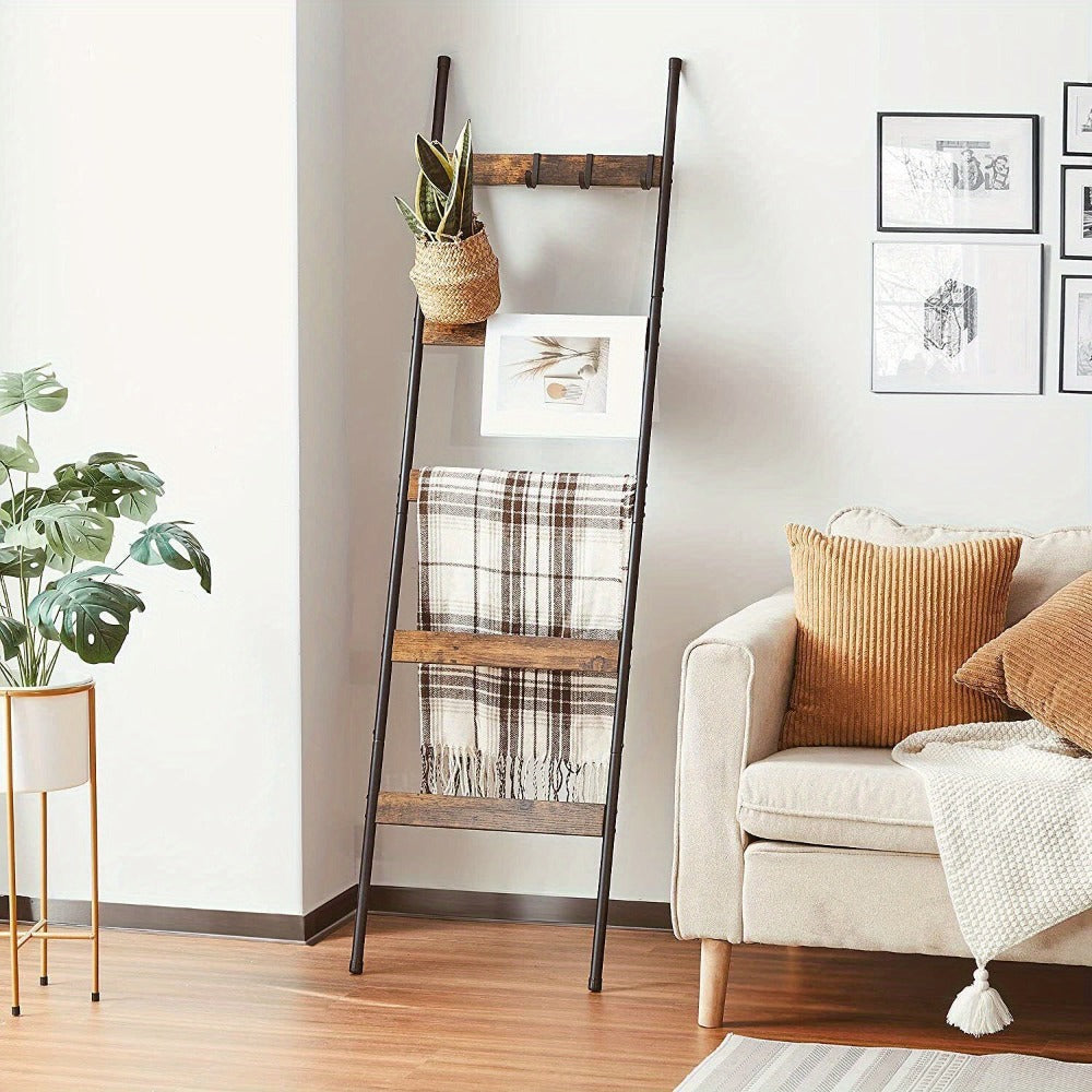 Blanket Ladder Rack 5 Tier with 10 Detachable Hooks - Freestanding Farmhouse Metal Towel Quilt Throw Storage Stand No Drilling Non-Slip Pads | Brown Black | Living Room Bathroom Bedroom Home Decor Organization