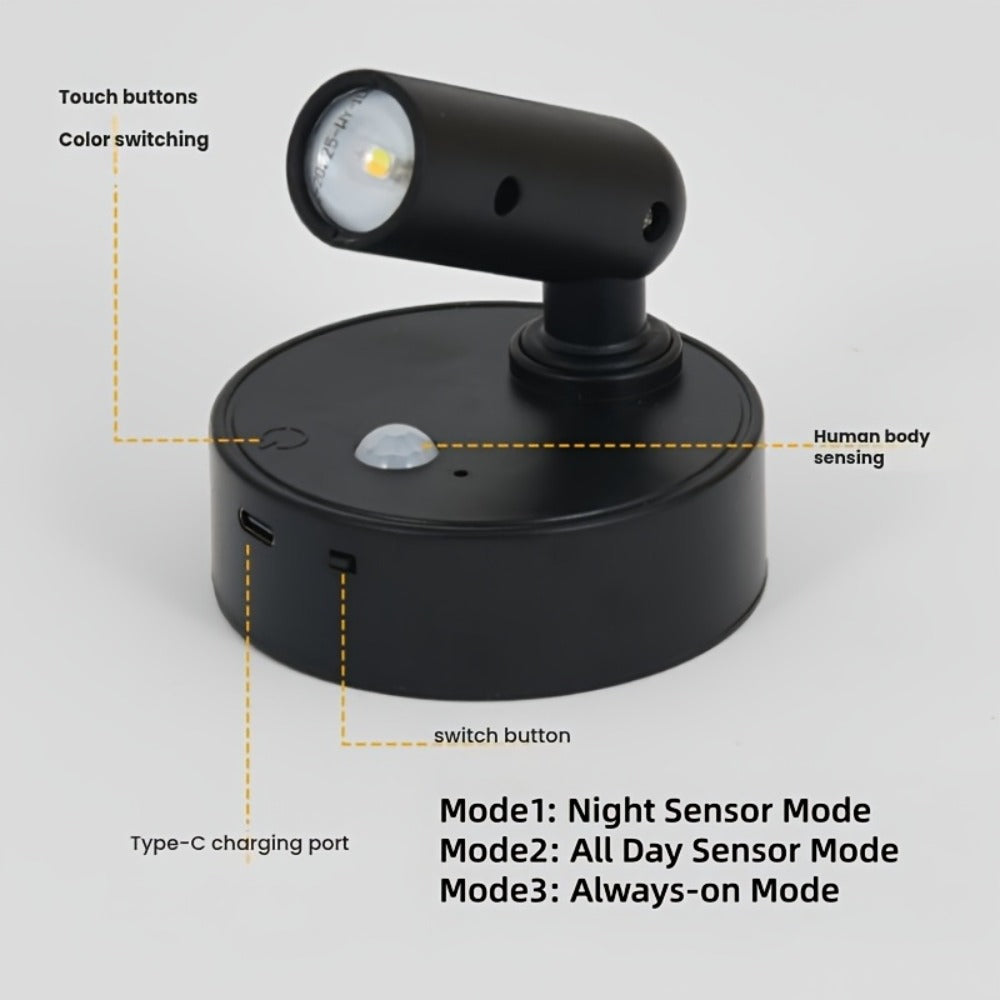 Wireless LED Spotlight Indoor 2 Pack Remote Control 3-Color Adjustable Motion Sensor Magnetic USB Rechargeable Wall Light for Bedroom Corridor Art Display