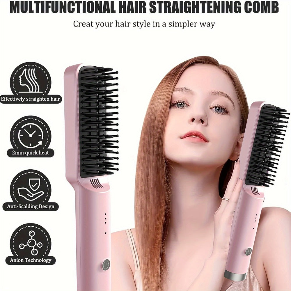 Mini Hair Straightener Comb Ceramic Heating Plate 3 Temperature Settings Fast Heating LED Display Travel Hair Straightening Brush for Women Home Salon Gift