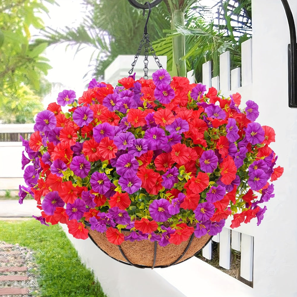 Artificial Hanging Flowers Outdoor UV-Resistant Fake Petunias with Planter Basket ¨C Realistic Faux Hanging Plants for Garden Patio Porch Balcony Railing Decor