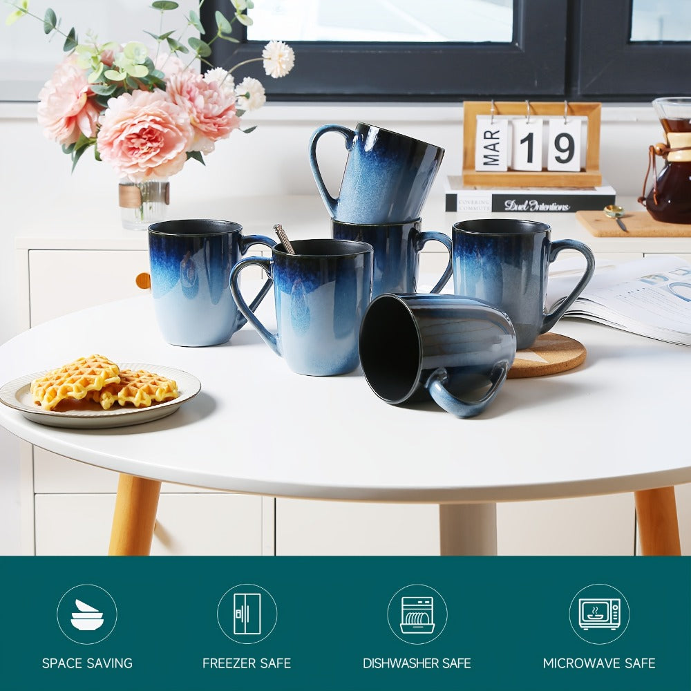 Gradient Blue Ceramic Mugs Set of 6 ¨C 14 Oz Reaction Glaze Coffee Mugs ¨C Durable Stain-Resistant Unique Design ¨C Perfect for Coffee, Tea & Gifting at Weddings, Parties & Holidays