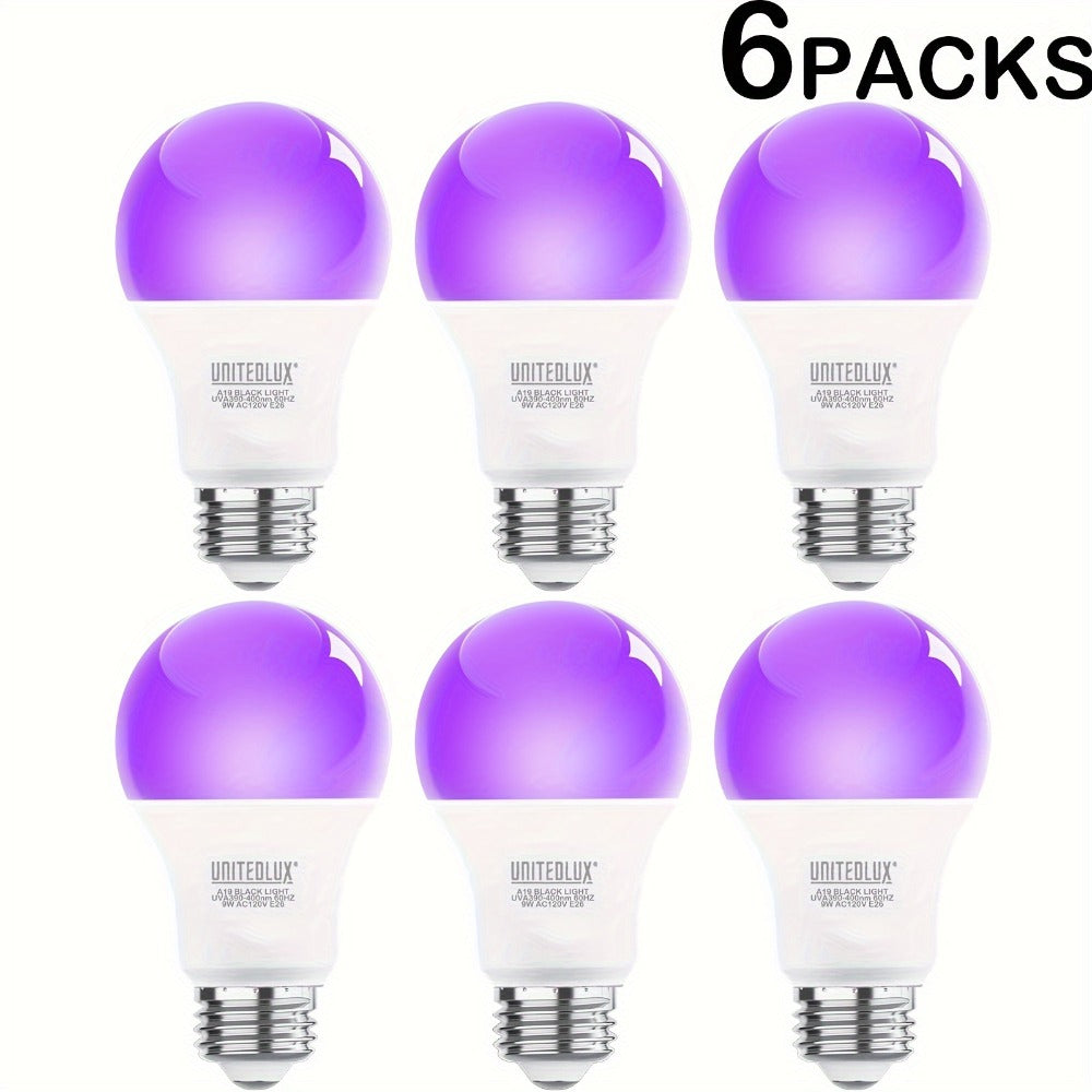Black Light Bulbs 6 Pack A19 E26 LED UV Bulbs 9W 60W Equivalent 390-400nm UVA Glow in the Dark for Party Neon Poster Body Art Halloween Indoor Use 120V Shatterproof